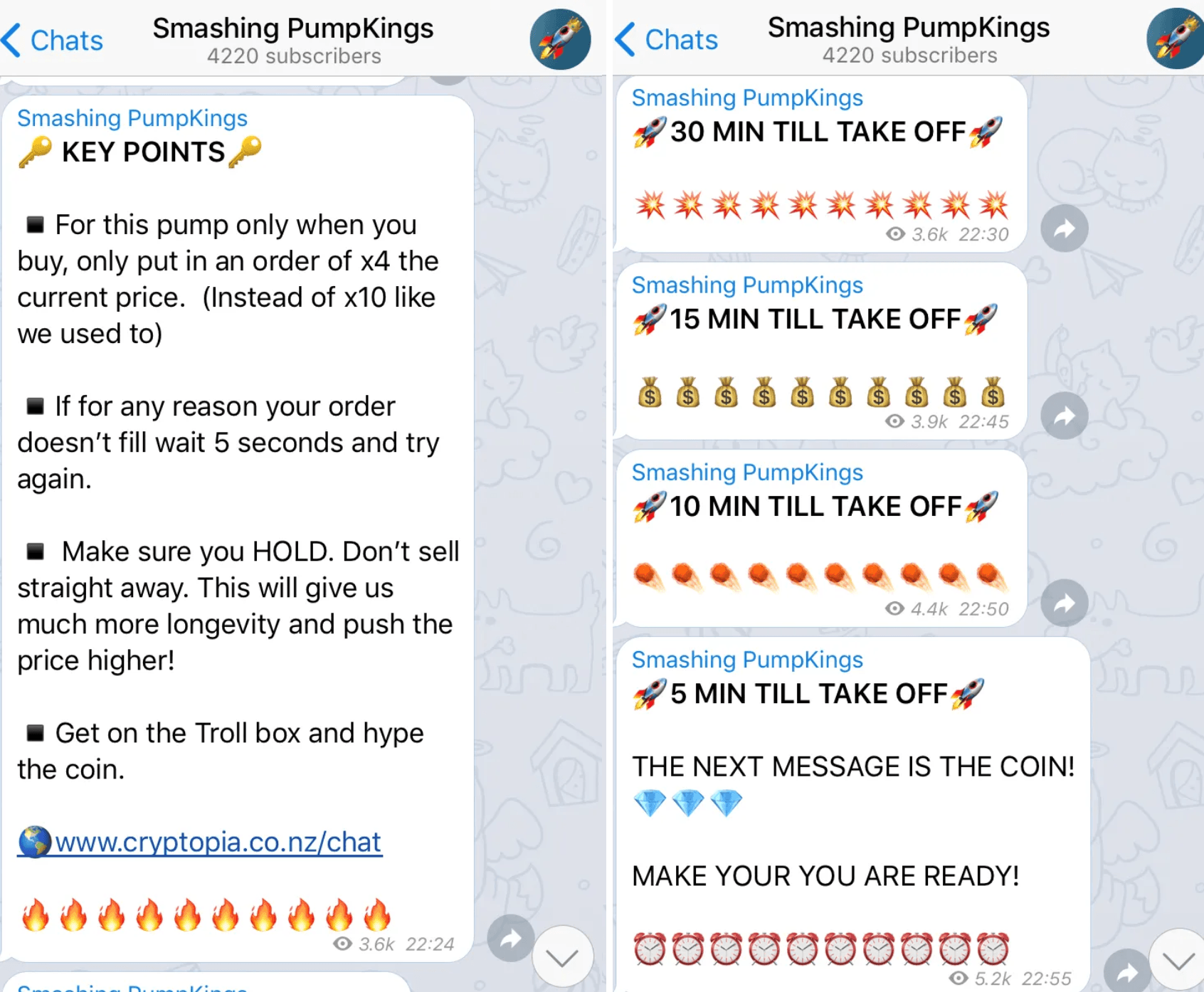 Screenshots of price manipulation tactics on Telegram