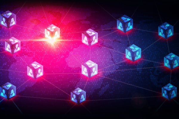 Abstract blockchain network visualization with interconnected cubes